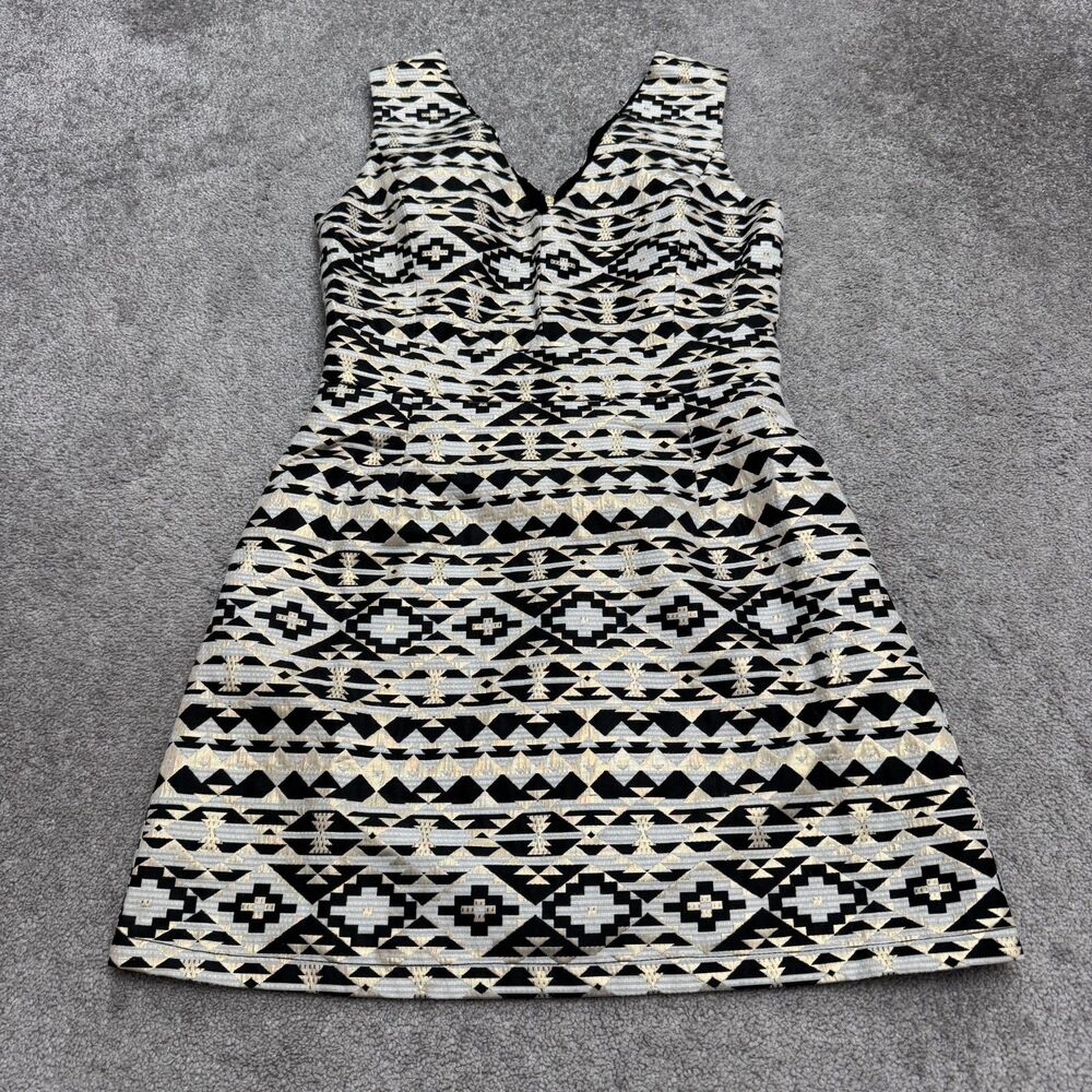 FRNCH Paris Geometric Aztec Mini Shift Dress Womens Large Gold Black Sleeveless